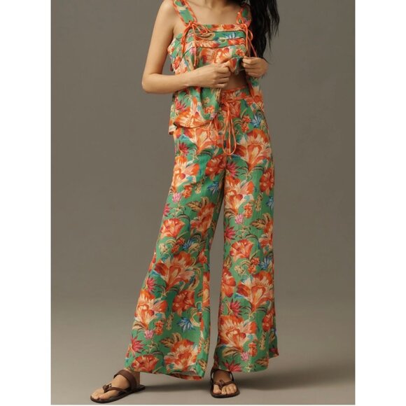 Farm Rio X Anthropologie Tie-Front Tropicart Floral Wide-Leg Pants Size S - Picture 1 of 6